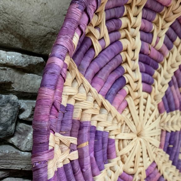 Purple Seagrass Coil Basket Tray Boho Decor Dorm Wall Art Scallop Bohemian - Picture 6 of 8